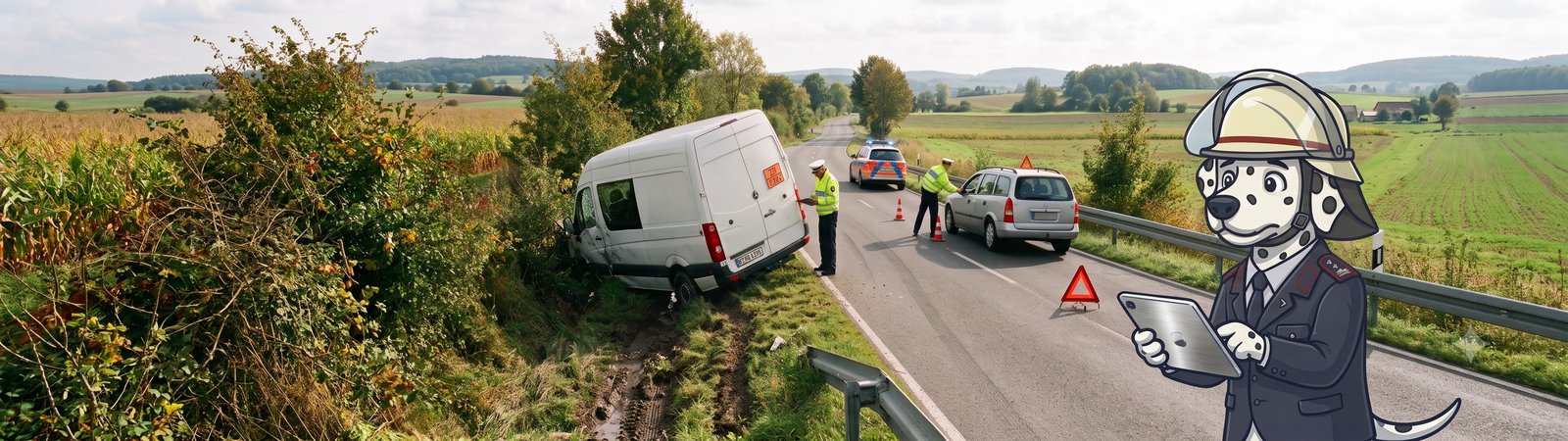 Einsatzstelle an der Landstraße: Feuerwehr nach einem Verkehrsunfall, das brandmeister-Maskottchen recherchiert mit dem Tablet