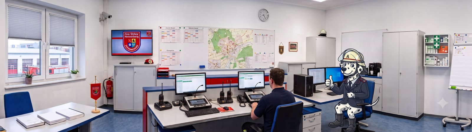 Die Alarmierungszentrale der Feuerwehr: Leitstelle mit Funk, Bildschirmen und dem brandmeister-Maskottchen