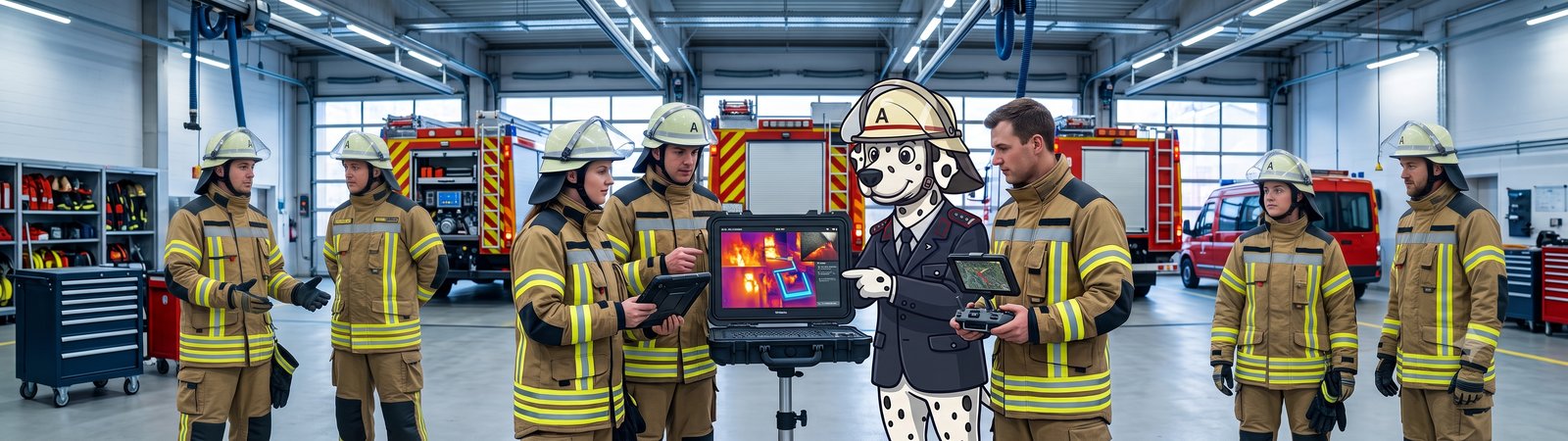 Feuerwehrleute im Gerätehaus mit Drohne und Wärmebild-Tablet, dazwischen das brandmeister-Maskottchen